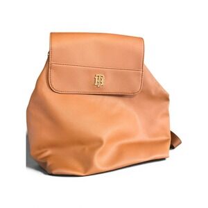 Tommy Hilfiger Tan Faux Leather Mini Backpack‎ Gold Monogram Logo Brown Bag